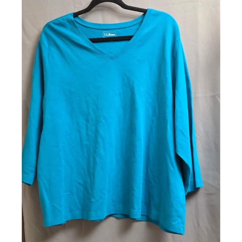 LL Bean Womens 3X Turquoise Blue V-Neck Long Sleeve Cotton T-Shirt Regular